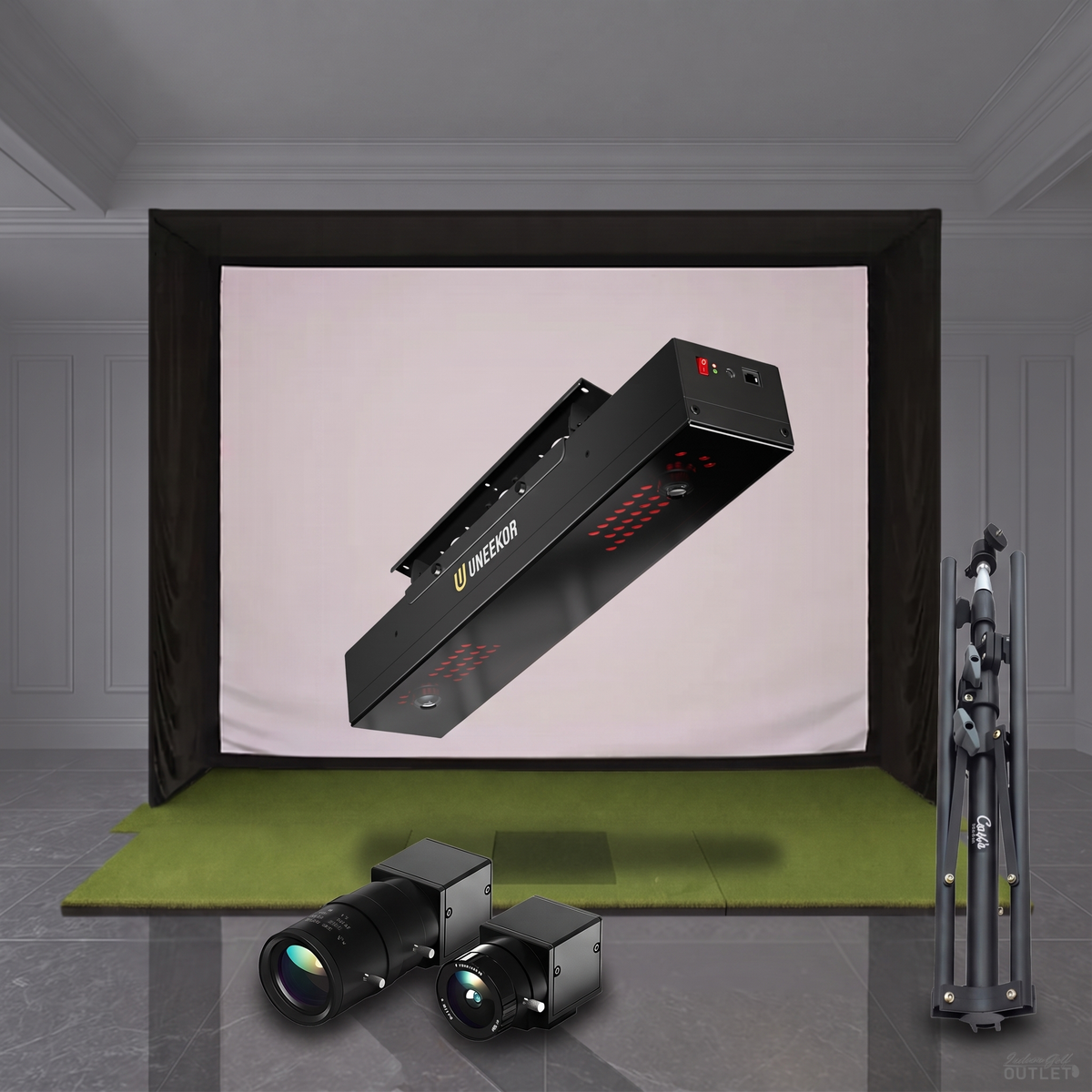 Uneekor EYE XR SIG golf simulator package shown with the two Uneekor Swing Optix swing cameras and a tripod.