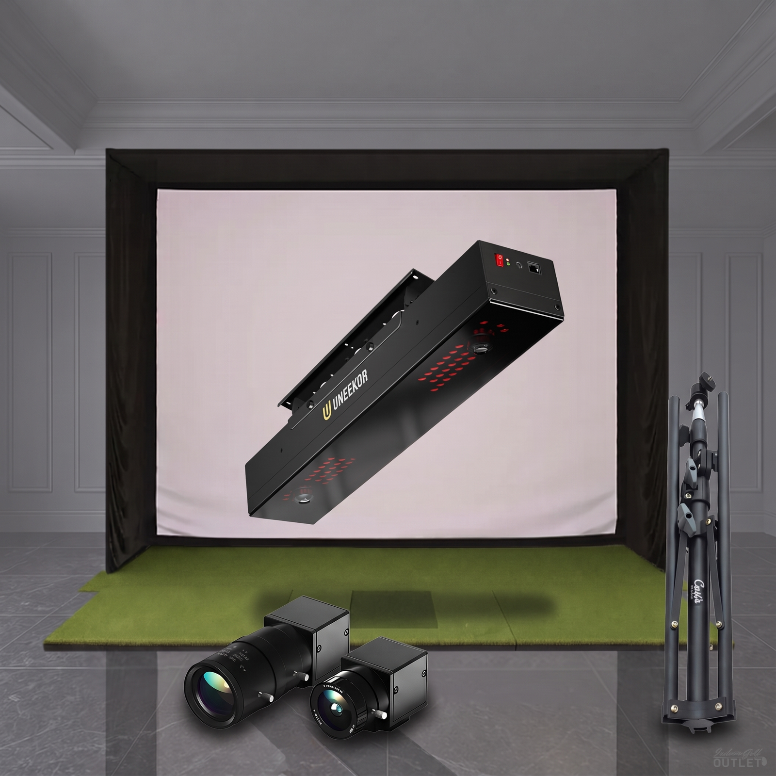 Uneekor EYE XR SIG golf simulator package shown with the two Uneekor Swing Optix swing cameras and a tripod.