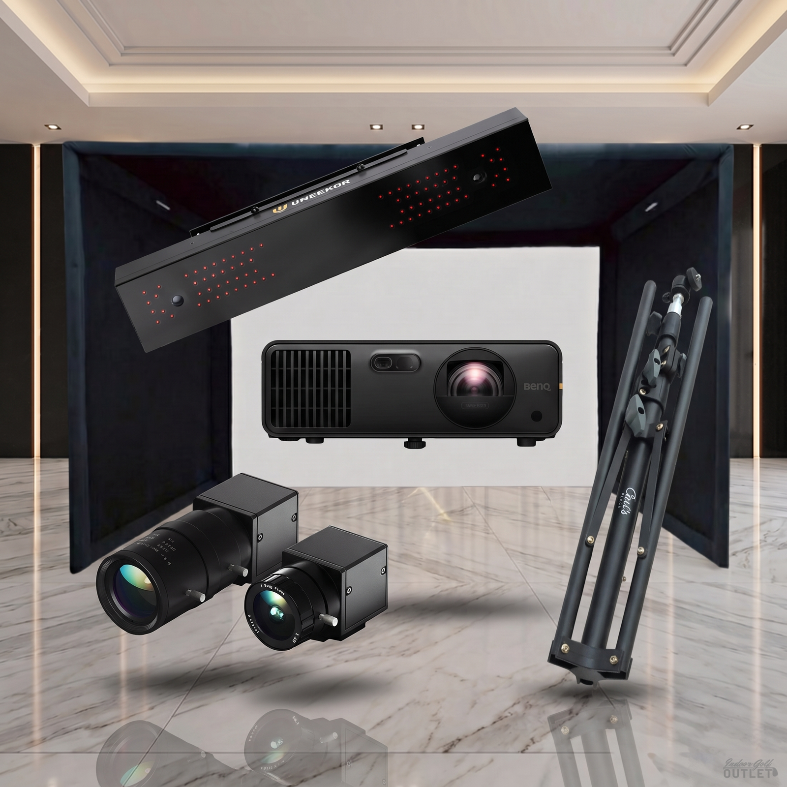 Uneekor EYE XR SIGPRO Commercial golf simulator package shown with the two Uneekor Swing Optix swing cameras and a tripod.