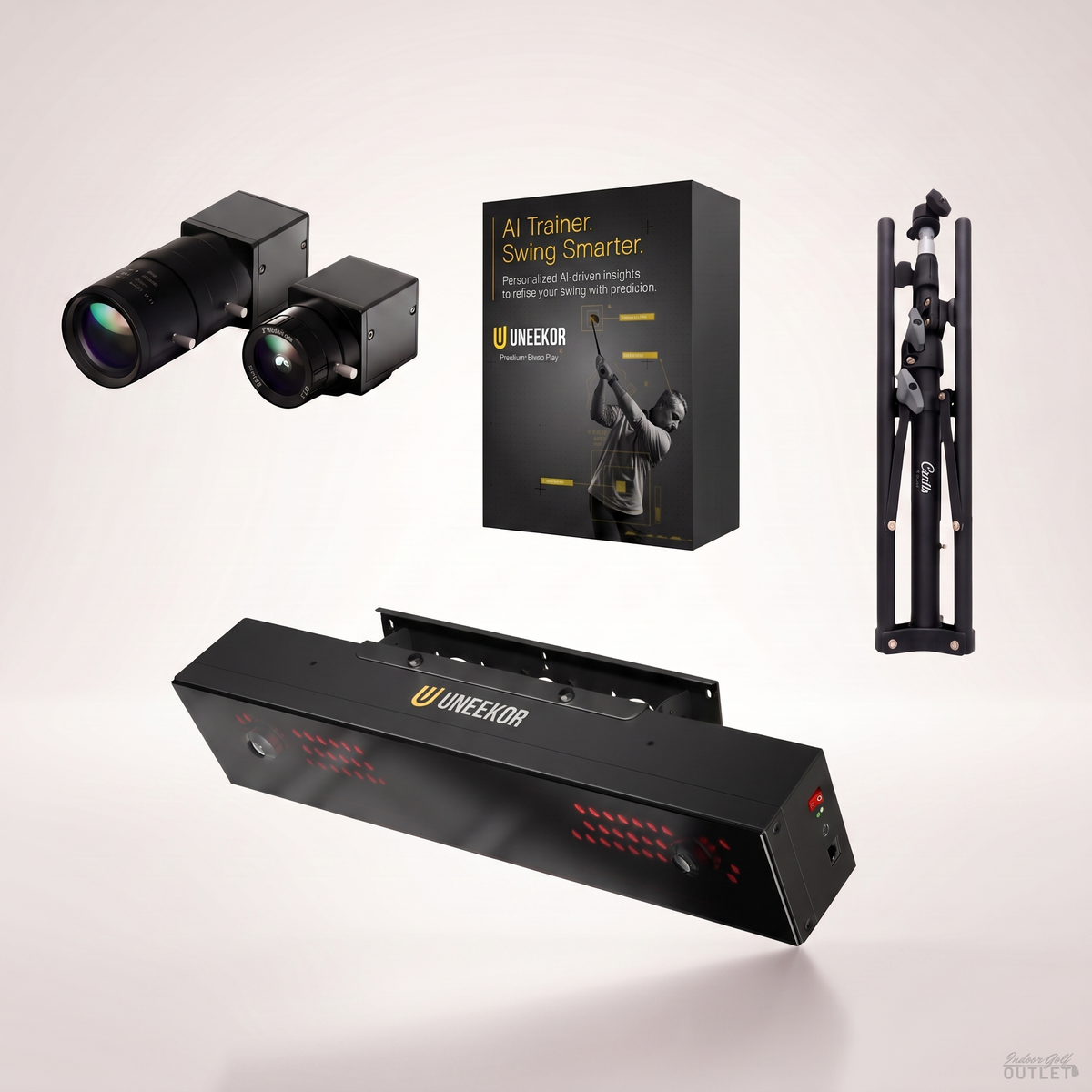Uneekor EYE XR launch monitor with the two Swing Optix swing cameras, a tripod, and the AI Trainer software box.
