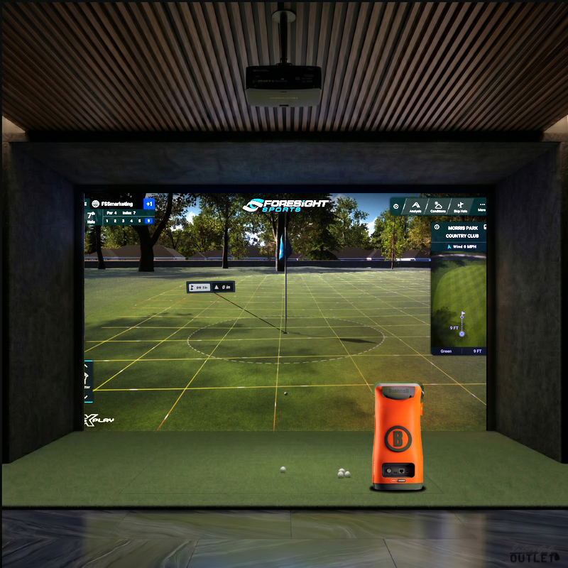 Bushnell Launch Pro Circle B custom installed golf simulator room with acoustic carpet wall and ceiling padding.
