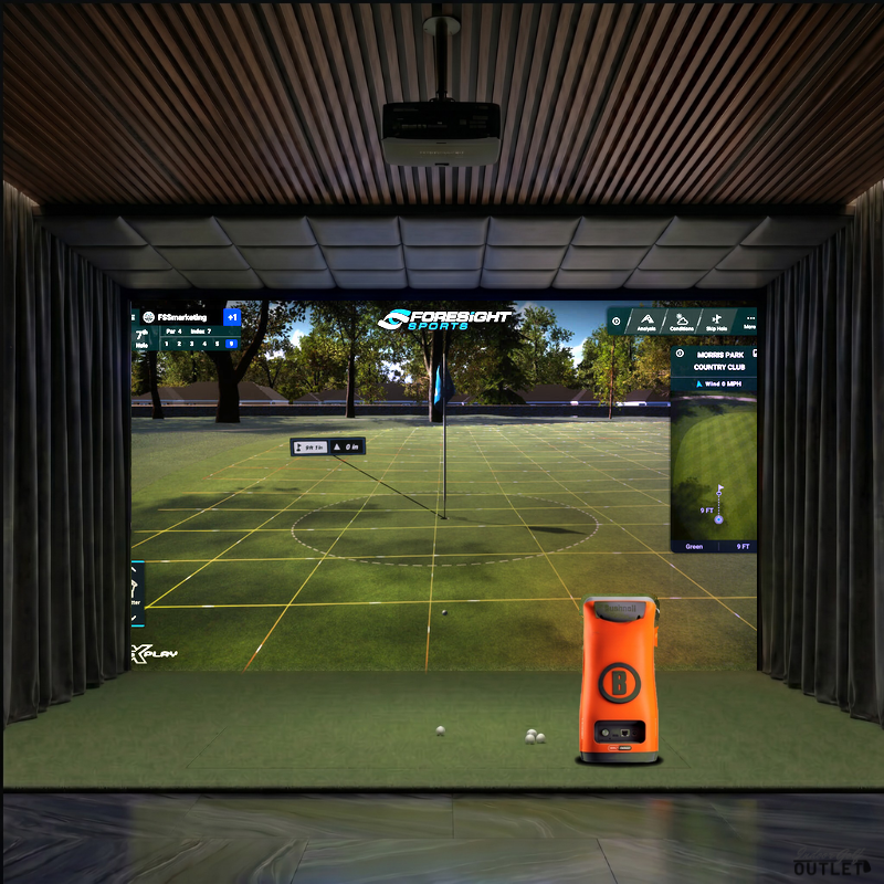 Bushnell Launch Pro Circle B custom installed golf simulator room with wall curtains and leatherette ceiling padding.