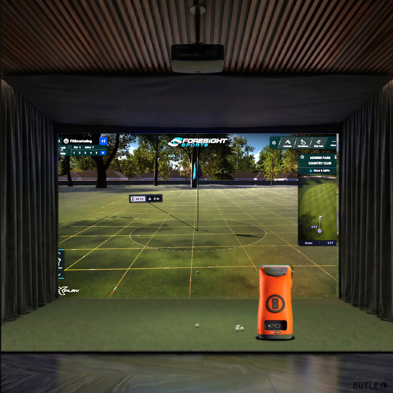 Bushnell Launch Pro Circle B custom installed golf simulator room with wall curtains and mesh ceiling.