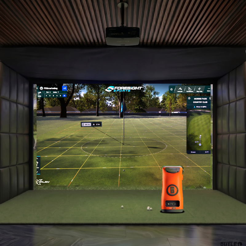 Bushnell Launch Pro Circle B custom installed golf simulator room with leatherette wall padding and mesh ceiling.