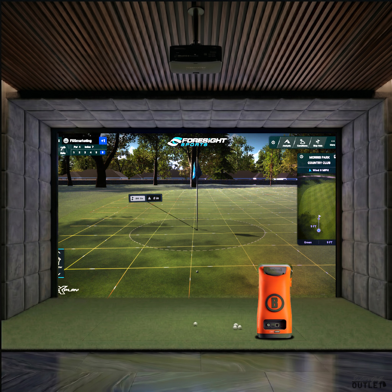 Bushnell Launch Pro Circle B custom installed golf simulator room with velvet wall and ceiling padding.