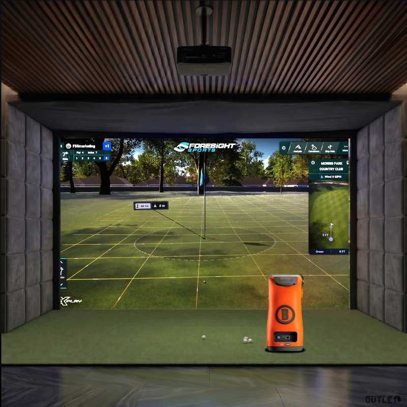 Bushnell Launch Pro Circle B custom installed golf simulator room with velvet wall padding and mesh ceiling.