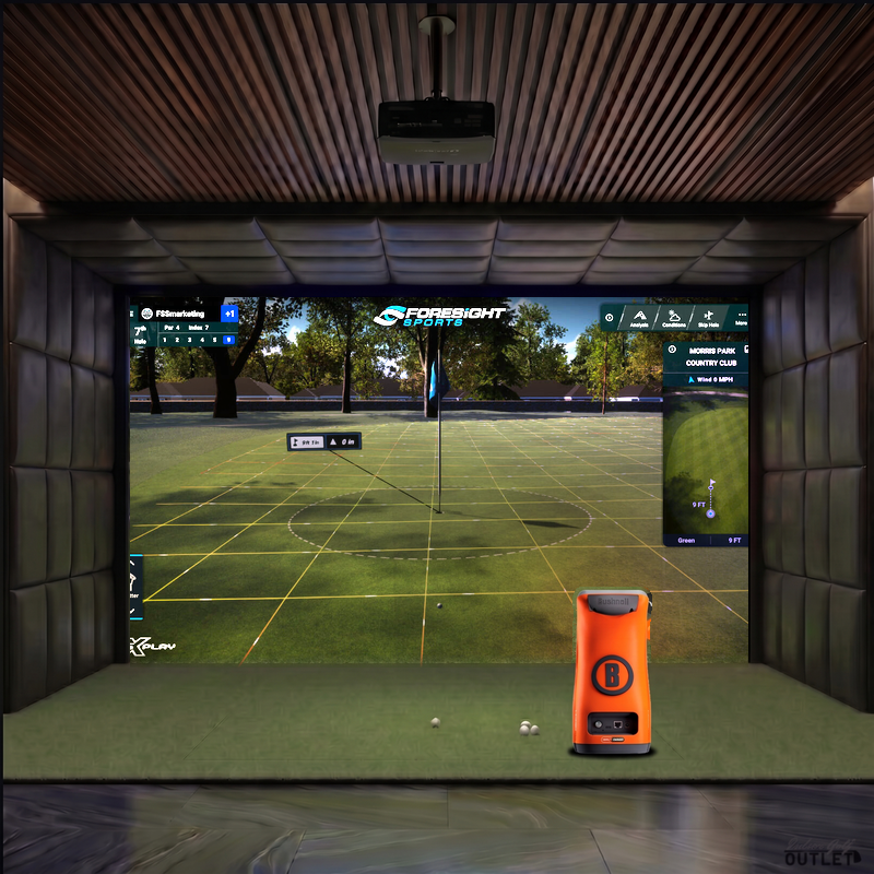 Bushnell Launch Pro Circle B custom installed golf simulator room with leatherette wall and ceiling padding.