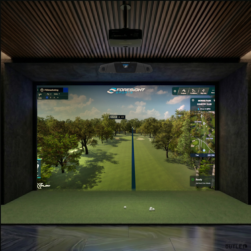 Foresight Sports Falcon custom installed golf simulator room with acoustic carpet wall and ceiling padding.