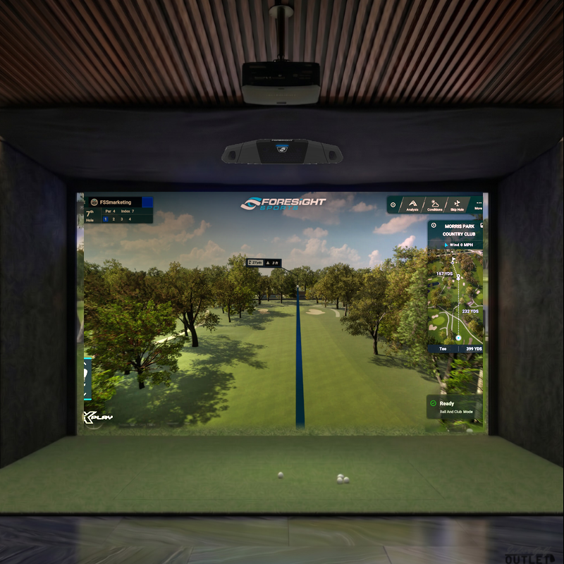 Foresight Sports Falcon custom installed golf simulator room with acoustic carpet wall padding and mesh ceiling.