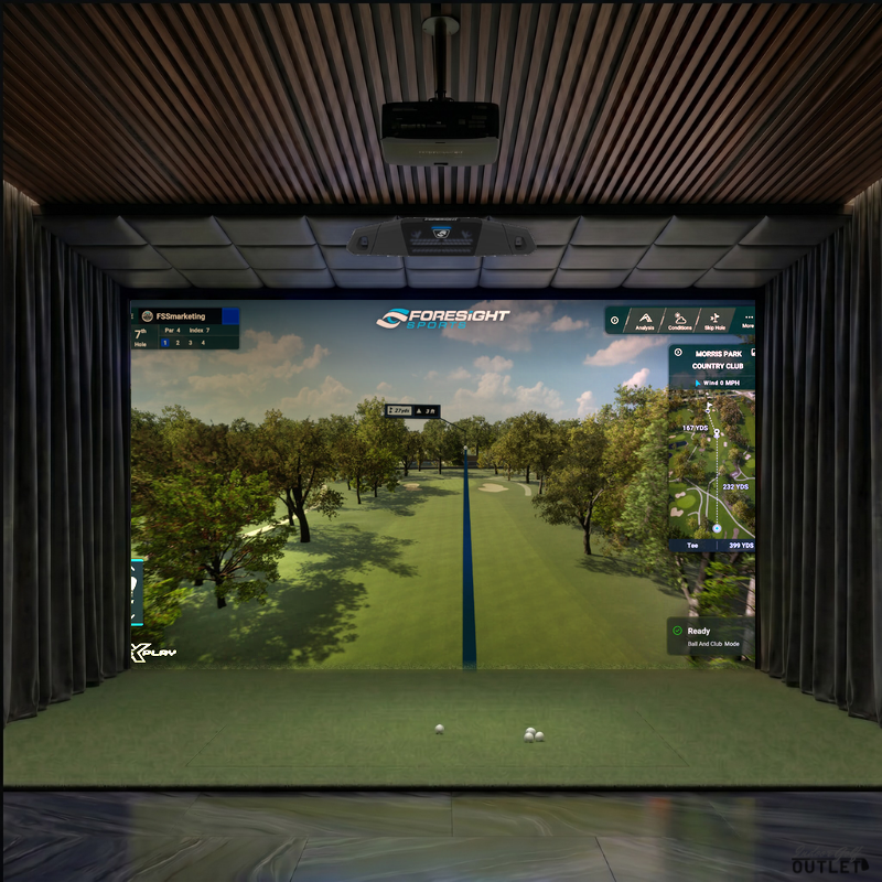 Foresight Sports Falcon custom installed golf simulator room with wall curtains and leatherette ceiling padding.