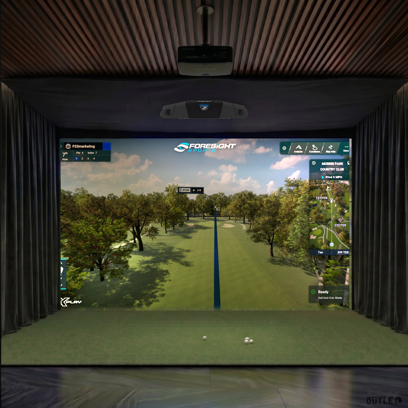 Foresight Sports Falcon custom installed golf simulator room with wall curtains and mesh ceiling.
