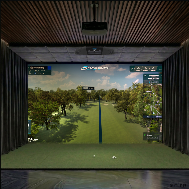Foresight Sports Falcon custom installed golf simulator room with wall curtains and velvet ceiling padding.