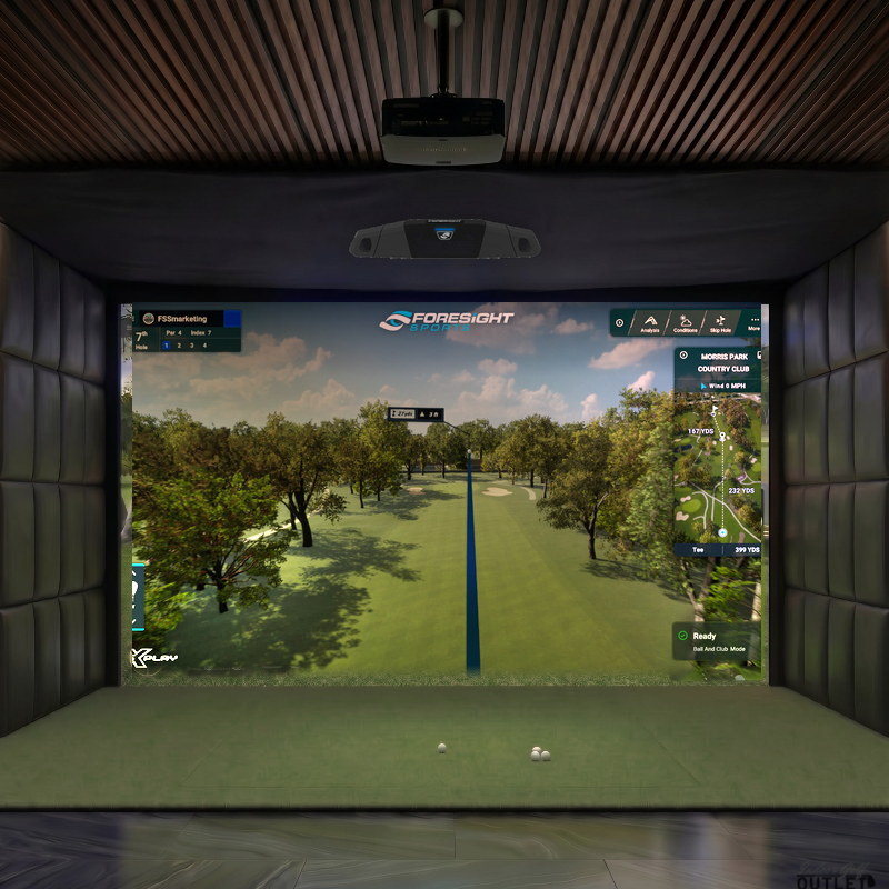 Foresight Sports Falcon custom installed golf simulator room with leatherette wall padding and mesh ceiling.