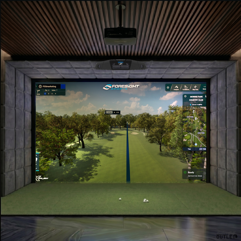 Foresight Sports Falcon custom installed golf simulator room with velvet wall and ceiling padding.