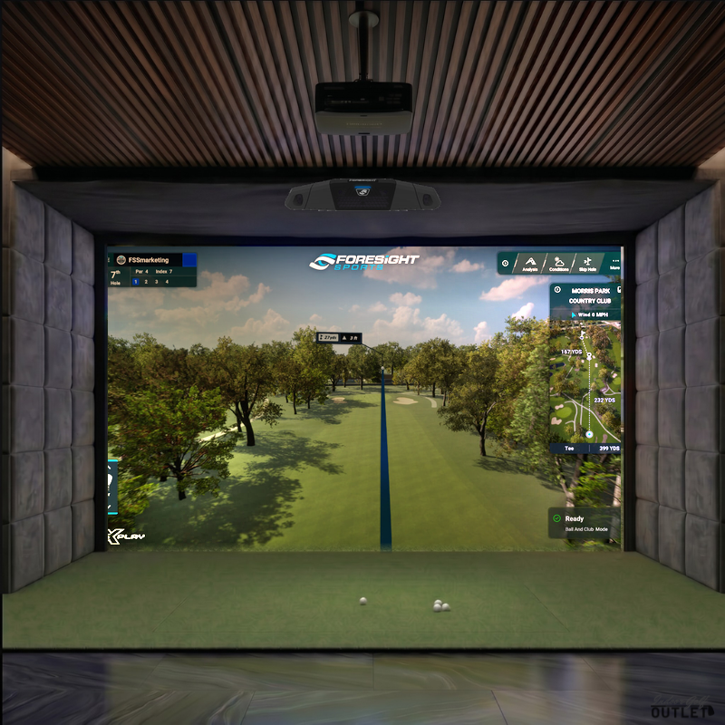 Foresight Sports Falcon custom installed golf simulator room with velvet wall padding and mesh ceiling.