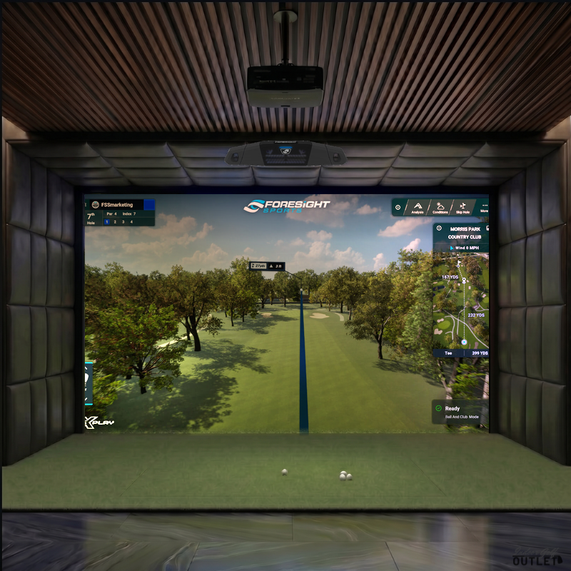 Foresight Sports Falcon custom installed golf simulator room with leatherette wall and ceiling padding.