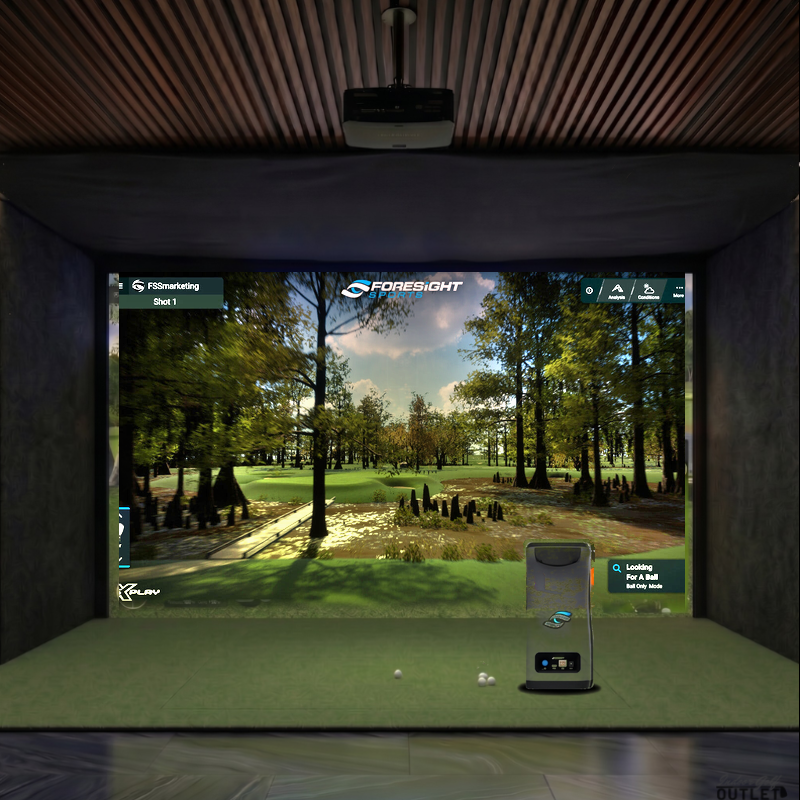 Foresight Sports GC3 custom installed golf simulator room with acoustic carpet wall padding and mesh ceiling.