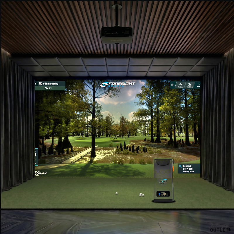 Foresight Sports GC3 custom installed golf simulator room with wall curtains and leatherette ceiling padding.