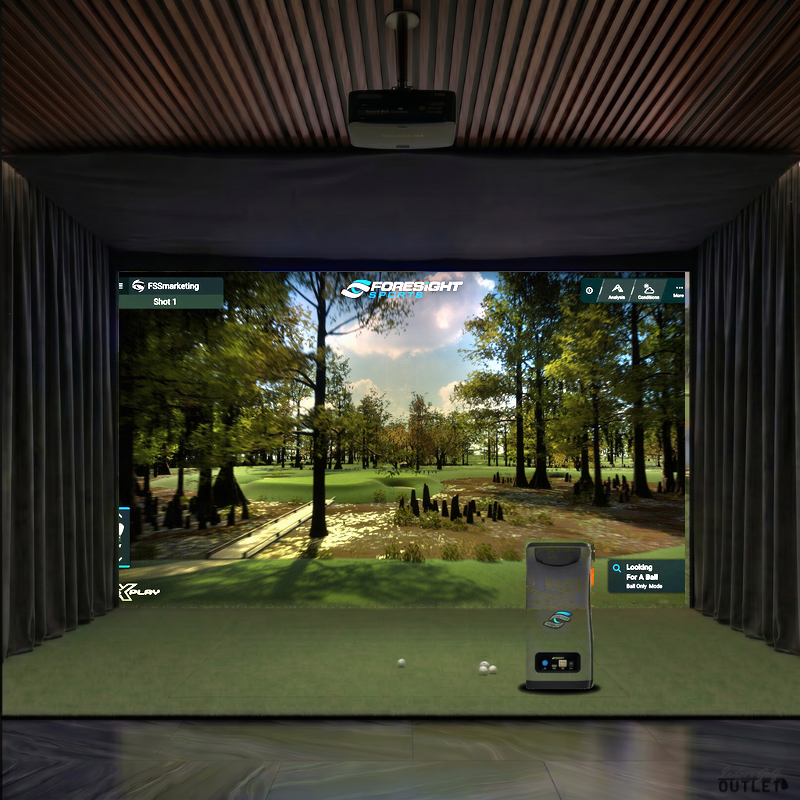 Foresight Sports GC3 custom installed golf simulator room with wall curtains and mesh ceiling.
