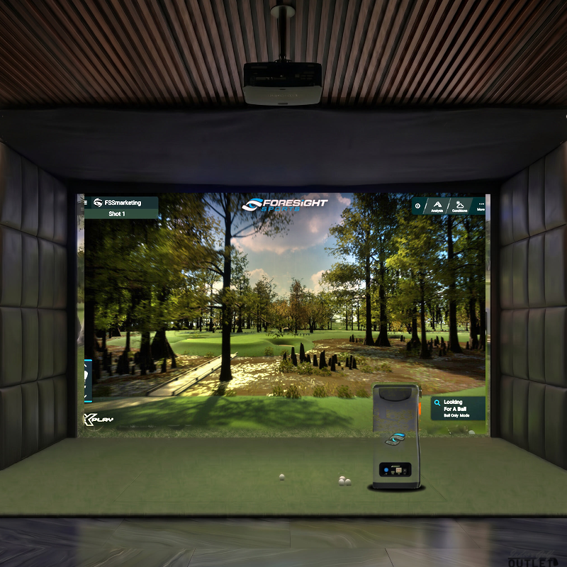 Foresight Sports GC3 custom installed golf simulator room with leatherette wall padding and mesh ceiling.