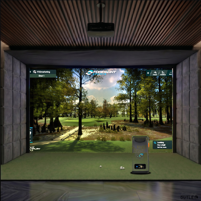 Foresight Sports GC3 custom installed golf simulator room with velvet wall padding and mesh ceiling.
