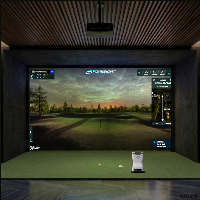 Foresight Sports GCQuad custom installed golf simulator room with acoustic carpet wall and ceiling padding.