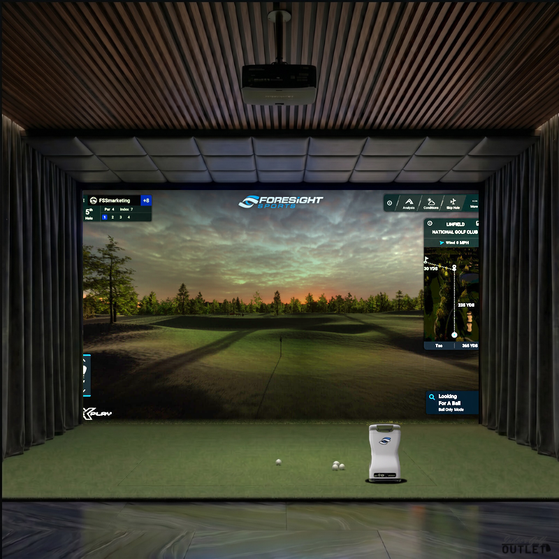 Foresight Sports GCQuad custom installed golf simulator room with wall curtains and leatherette ceiling padding.