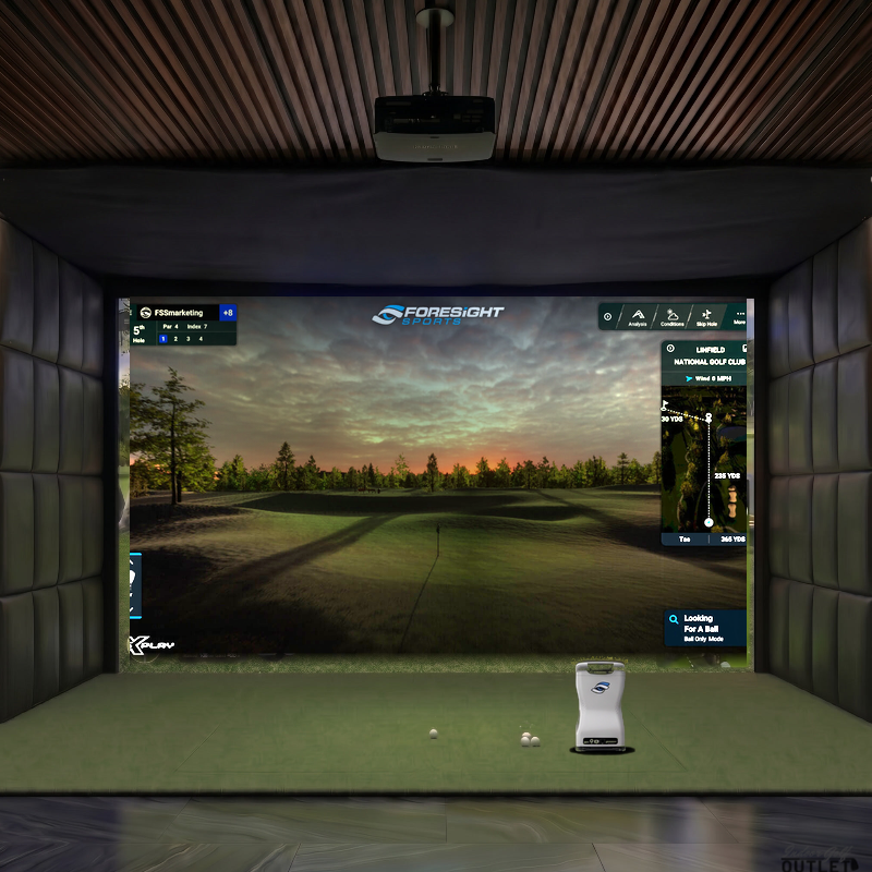 Foresight Sports GCQuad custom installed golf simulator room with leatherette wall padding and mesh ceiling.