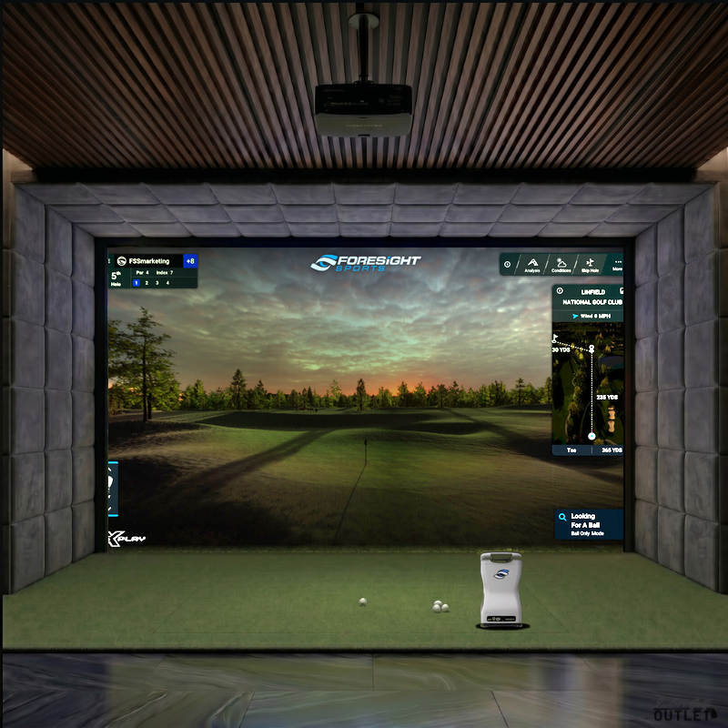 Foresight Sports GCQuad custom installed golf simulator room with velvet wall and ceiling padding.
