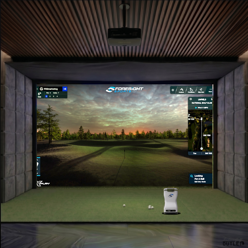 Foresight Sports GCQuad custom installed golf simulator room with velvet wall padding and mesh ceiling.