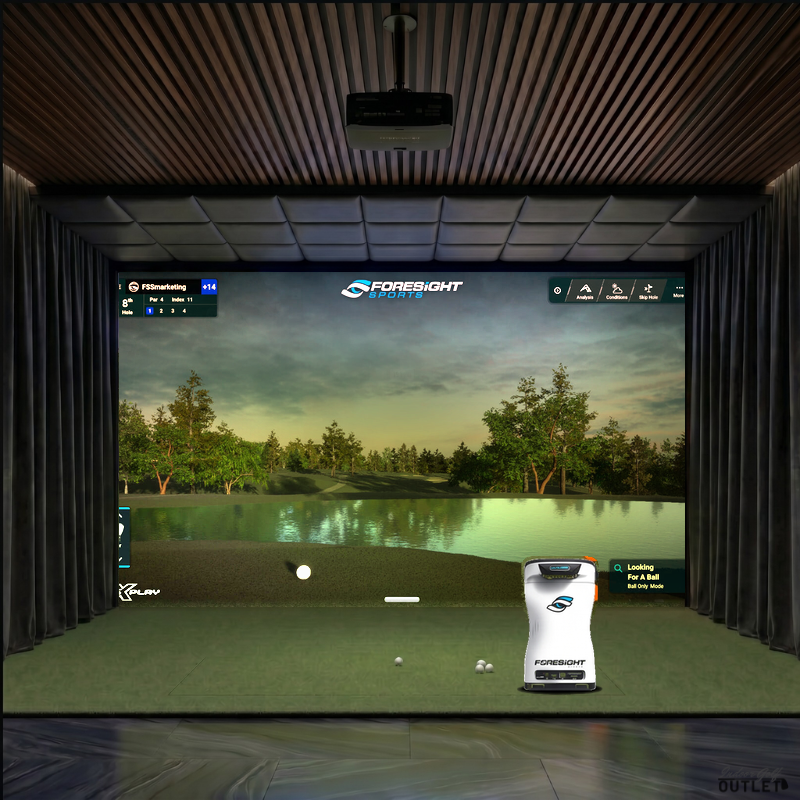 Foresight Sports QuadMAX custom installed golf simulator room with wall curtains and leatherette ceiling padding.