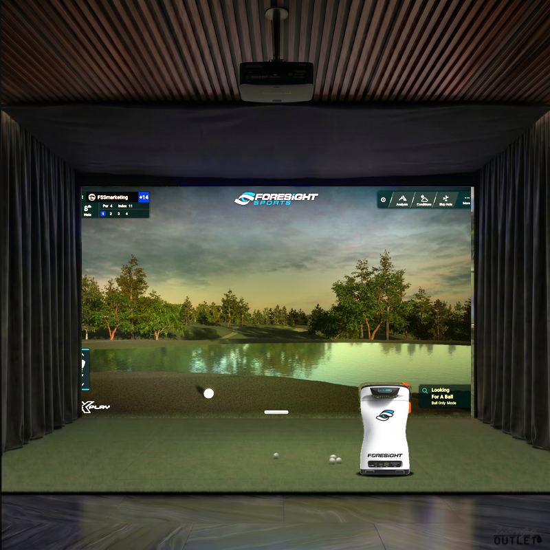 Foresight Sports QuadMAX custom installed golf simulator room with wall curtains and mesh ceiling.
