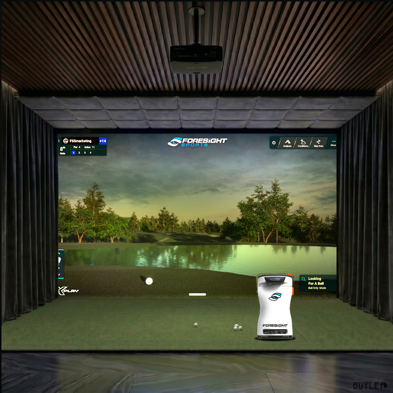 Foresight Sports QuadMAX custom installed golf simulator room with wall curtains and velvet ceiling padding.