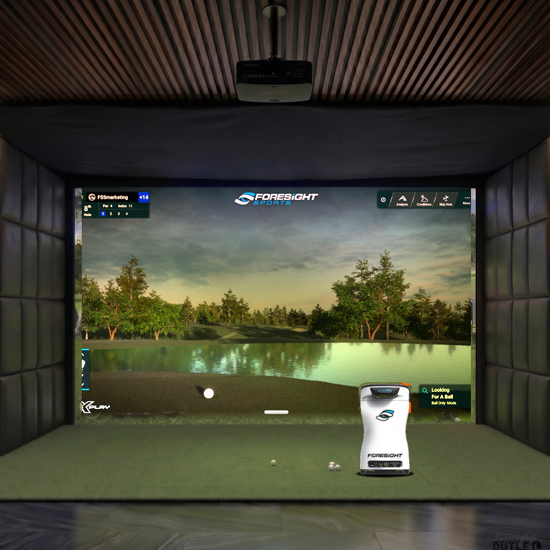 Foresight Sports QuadMAX custom installed golf simulator room with leatherette wall padding and mesh ceiling.
