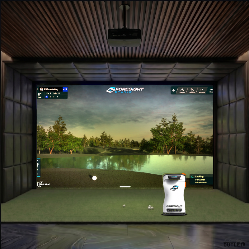 Foresight Sports QuadMAX custom installed golf simulator room with leatherette wall and ceiling padding.