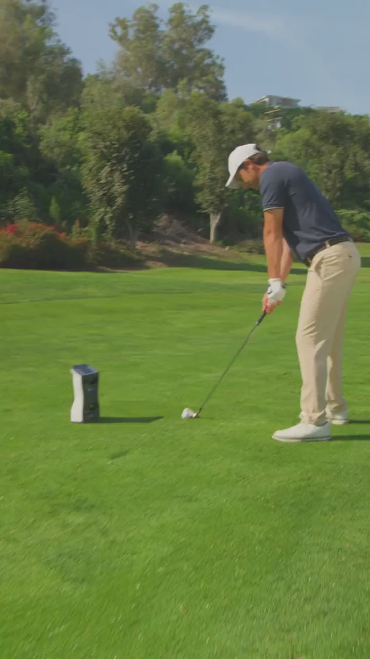 Golfers using launch monitors on a golf course, in a simulator room, and on  driving range.