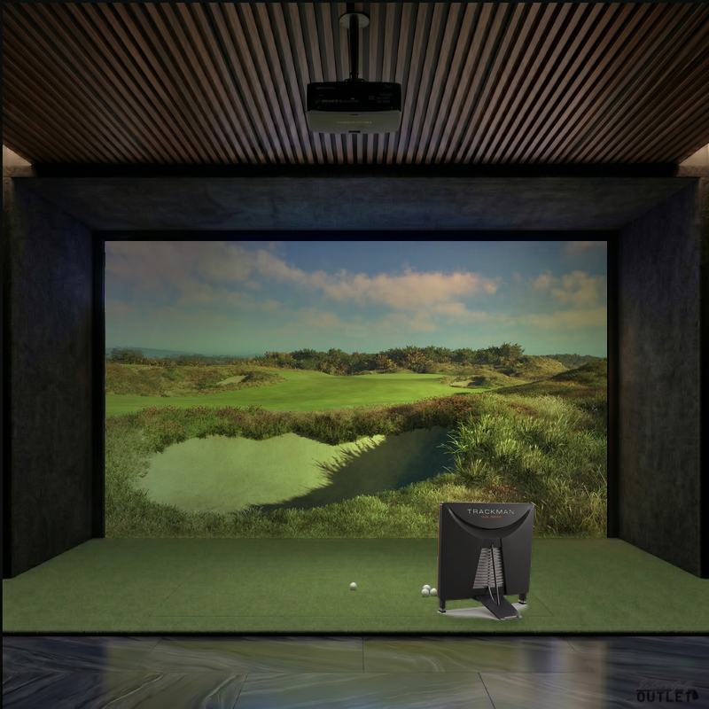 Trackman 4 custom installed golf simulator room with acoustic carpet wall and ceiling padding.