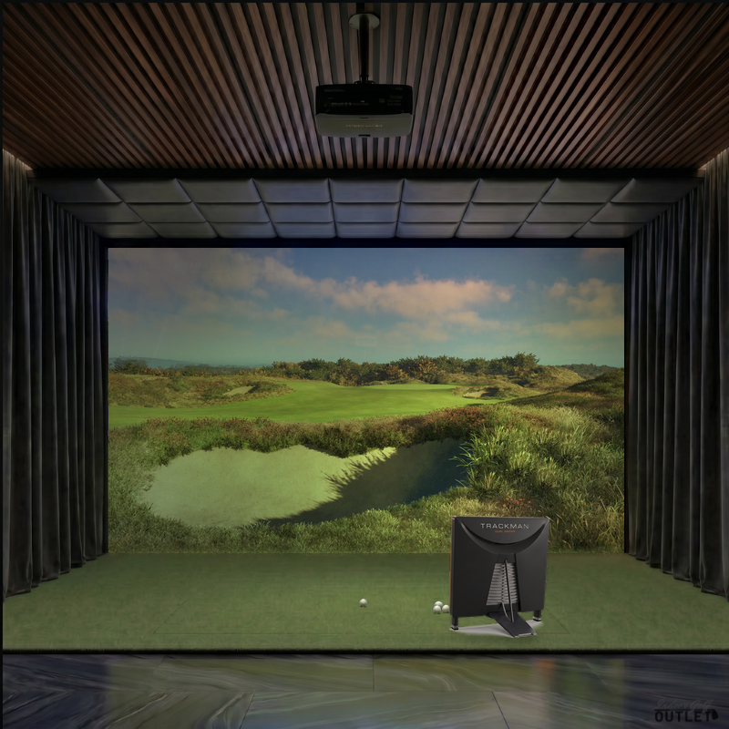 Trackman 4 custom installed golf simulator room with wall curtains and leatherette ceiling padding.
