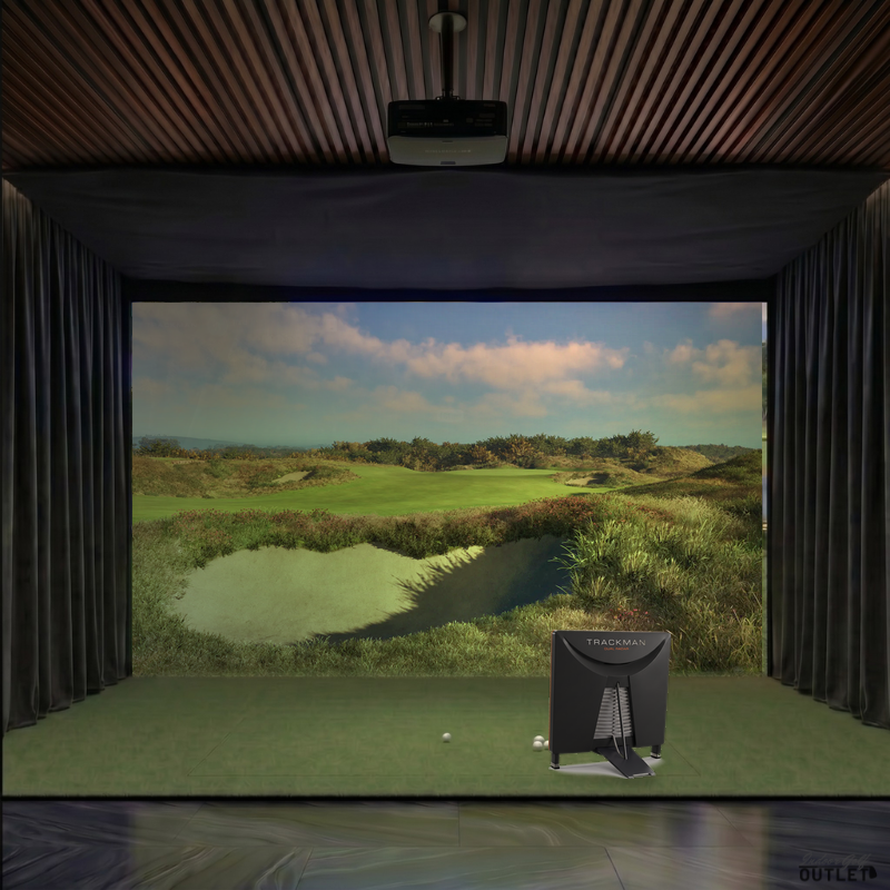 Trackman 4 custom installed golf simulator room with wall curtains and mesh ceiling.