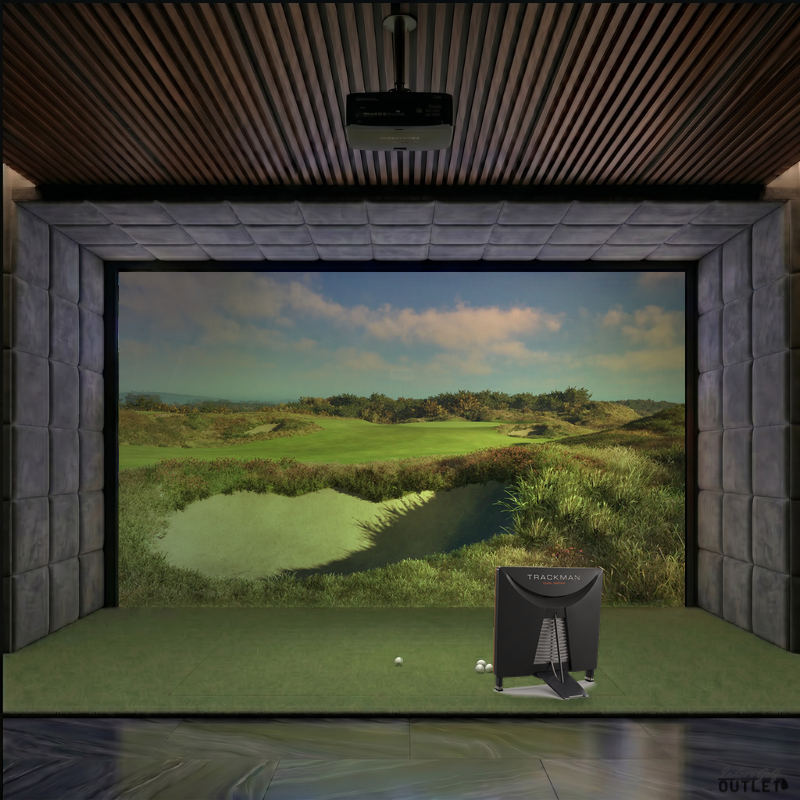 Trackman 4 custom installed golf simulator room with velvet wall and ceiling padding.