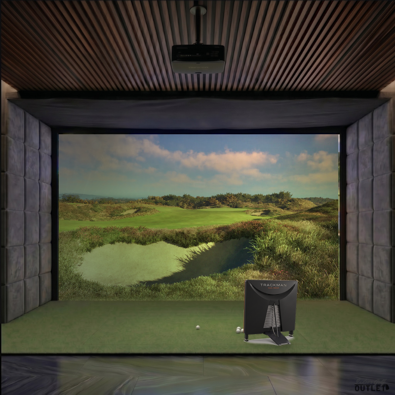 Trackman 4 custom installed golf simulator room with velvet wall padding and mesh ceiling.