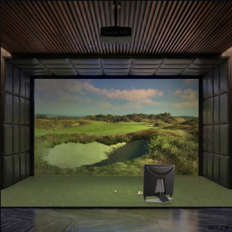 Trackman 4 custom installed golf simulator room with leatherette wall and ceiling padding.