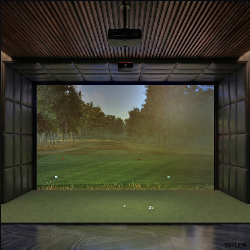 Trackman iO Commercial custom installed golf simulator room with leatherette wall and ceiling padding.
