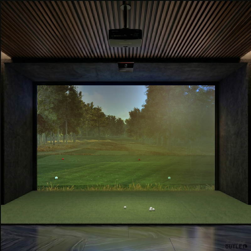 Trackman iO Home Complete custom installed golf simulator room with acoustic carpet wall and ceiling padding.