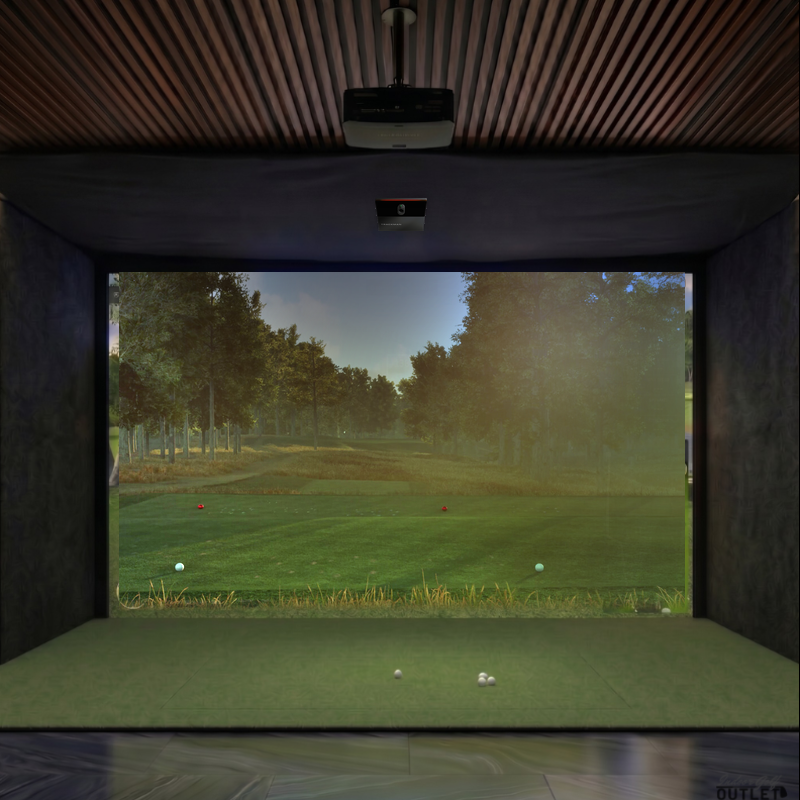Trackman iO Home Complete custom installed golf simulator room with acoustic carpet wall padding and mesh ceiling.