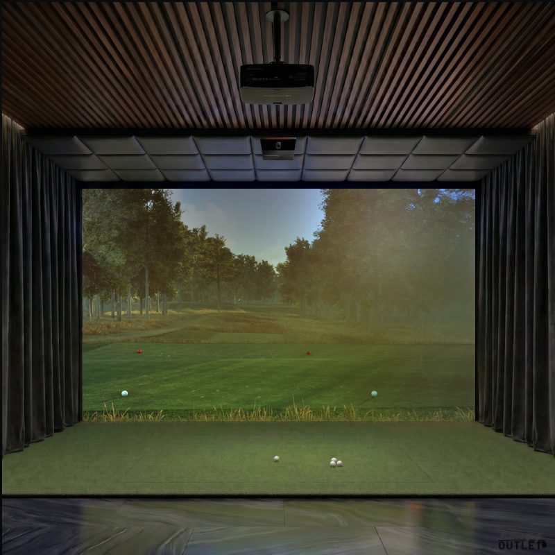 Trackman iO Home Complete custom installed golf simulator room with wall curtains and leatherette ceiling padding.