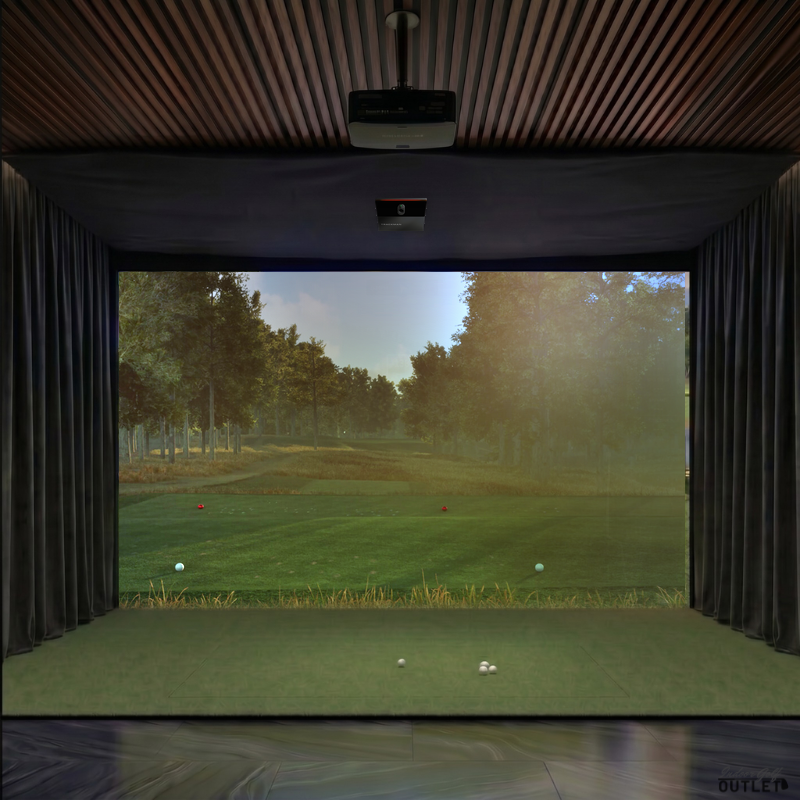 Trackman iO Home Complete custom installed golf simulator room with wall curtains and mesh ceiling.