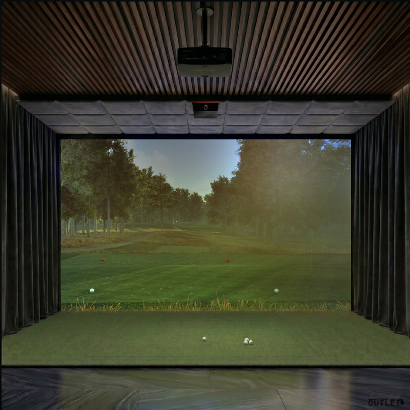 Trackman iO Home Complete custom installed golf simulator room with wall curtains and velvet ceiling padding.