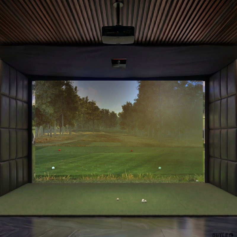Trackman iO Home Complete custom installed golf simulator room with leatherette wall padding and mesh ceiling.