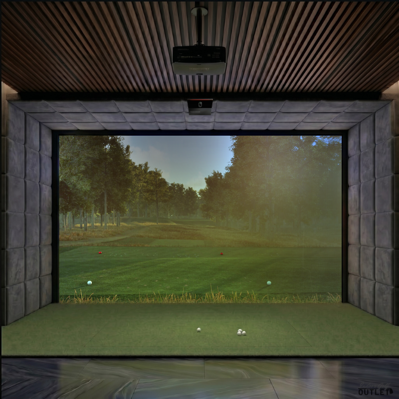 Trackman iO Home Complete custom installed golf simulator room with velvet wall and ceiling padding.